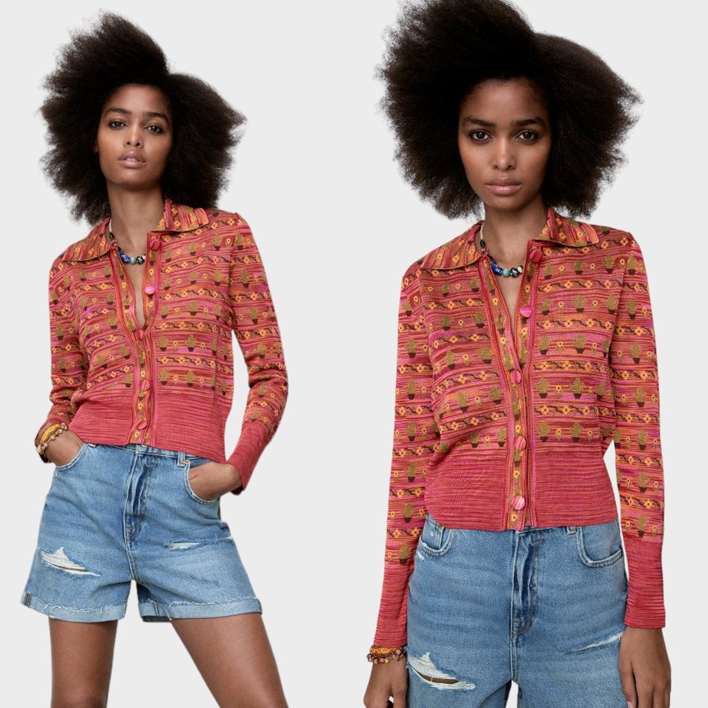 NWOT ZARA Cactus Flower Knit Jacquard Jacket Cardigan Sweater Women's Size S